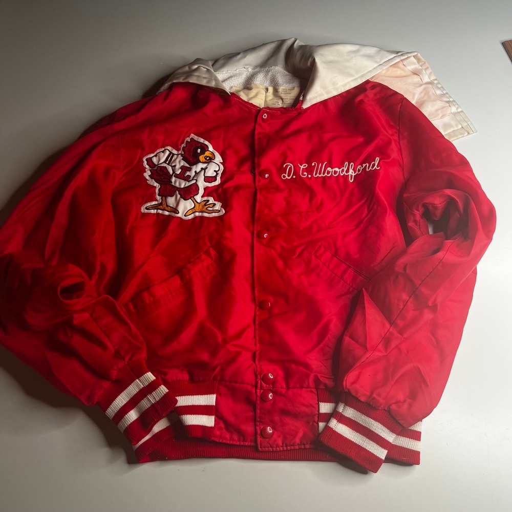 Vintage DeLong Sportswear Red Varsity Jacket Cardinal Mascot Mens Medium USA
